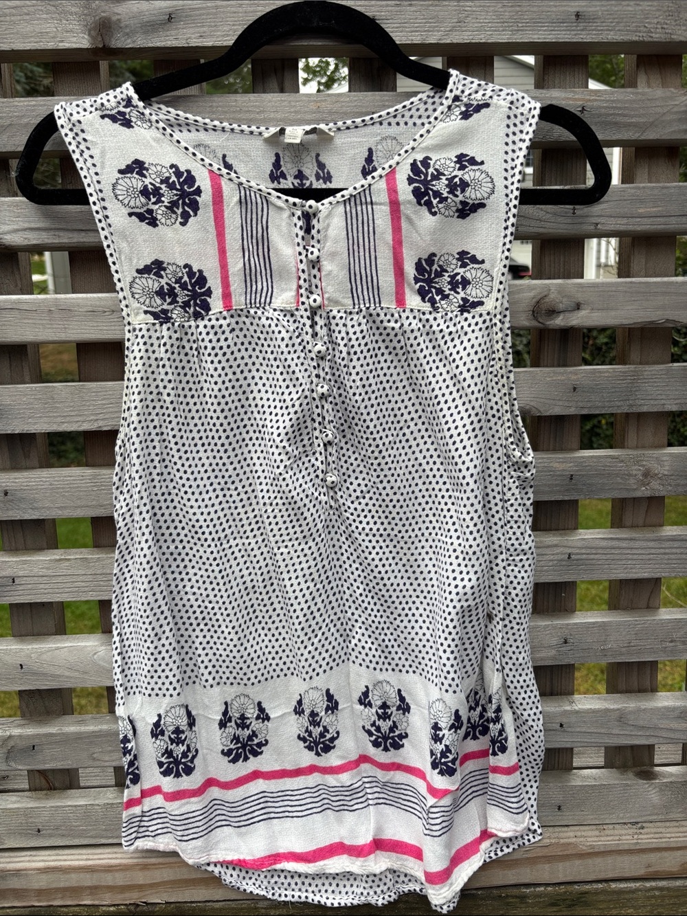 Lucky Brand White Tank with Navy Floral Prints & Pink Accents